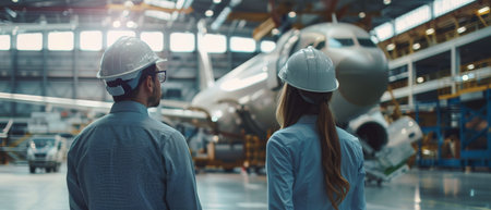 Two engineers in hardhats looking at an airplane in a hangar.の素材