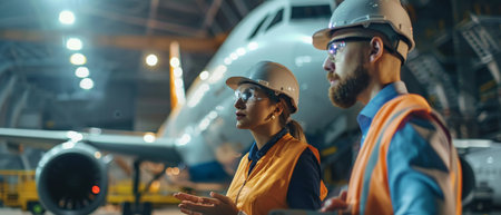 Two aircraft maintenance engineers in hardhats and safety vests discuss the repair of a passenger airplane in a hangar.の素材