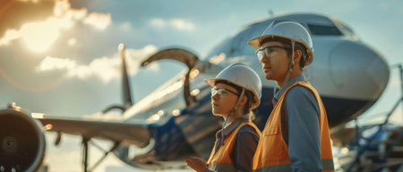 Two female engineers in hard hats and safety glasses inspect a jet engine.の素材