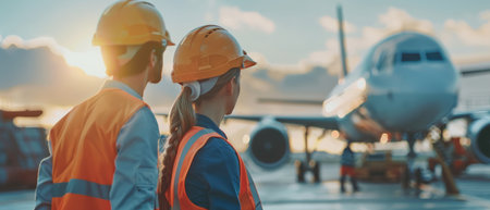 Two airport workers in hard hats looking at a planeの素材