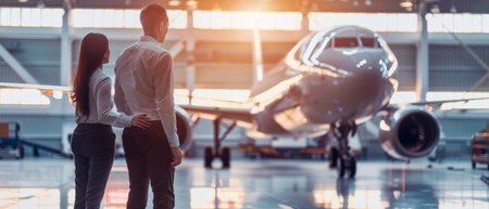 A couple standing in a hangar, looking at a private jet.の素材