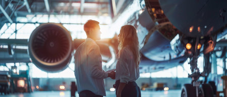 A man and a woman are standing in a hangar, looking at each other. There is an airplane in the background.の素材