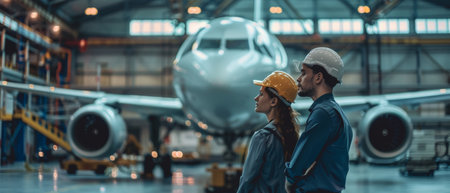 Two maintenance workers look over a parked airplane in a hangar.の素材