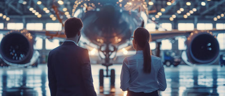 A man and a woman standing in a hangar looking at a airplane.の素材
