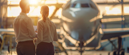 Two engineers in a hangar discuss plans for an airplane in the background.の素材
