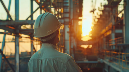 An engineer in a hard hat looking out at an industrial landscape at sunset.の素材