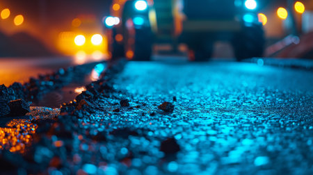 Close-up of wet asphalt road with blurred headlights of cars in the background at nightの素材