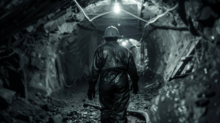 A lone miner walks through a dark mine.の素材