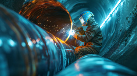 welder at work welding a metal pipeの素材