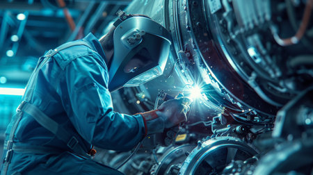 Industrial welder at work in protective clothing and maskの素材