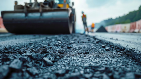 The image shows a close-up of a road roller compacting asphalt on a new road construction site with workers in the background.の素材