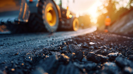 The image shows a close-up of an asphalt road being paved with a large machine in the background.の素材