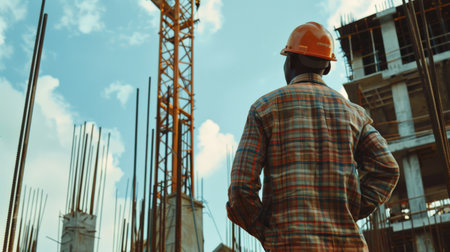 Construction worker wearing hard hat looking at building under constructionの素材