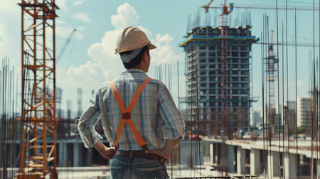 Construction worker wearing hardhat and safety vest at a building siteの素材