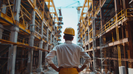 Construction worker looking out at a building under construction.の素材