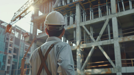 Construction worker at a building siteの素材