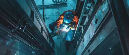 A welder works in a confined space.の素材