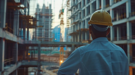 Construction worker looking at the progress of a building under construction.の素材