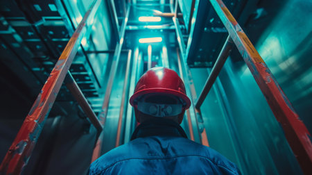 man in hardhat looking up at structureの素材