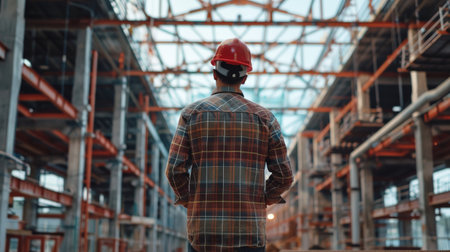 Construction worker in hardhat inspecting building siteの素材
