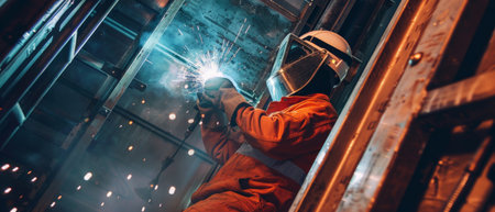 Welder in protective clothing is welding metal. Metalwork manufacturing and construction.の素材