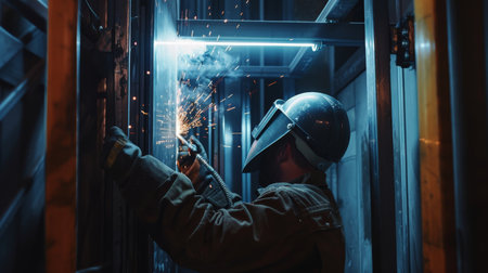 welder at work in a factory welding metal with arc welding machineの素材