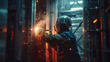Industrial worker welding metal in factory. Metalwork manufacturing and construction concept.の素材