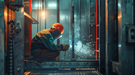 Industrial worker in safety helmet and protective mask welding steel structure.の素材