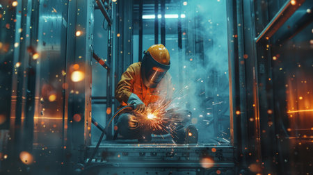 Industrial worker welding steel structure in factory. Metalwork and industrial construction concept.の素材
