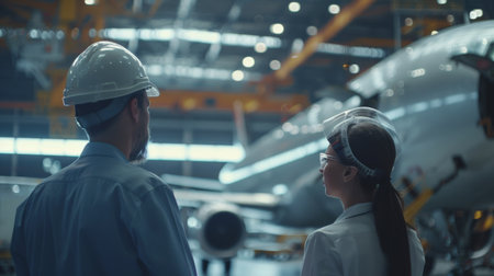 Engineer and engineer working together in aircraft hangar. Engineer and engineer concept.の素材
