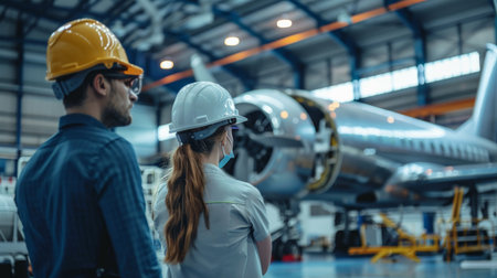 Side view of male and female engineers looking at the airplane in hangarの素材