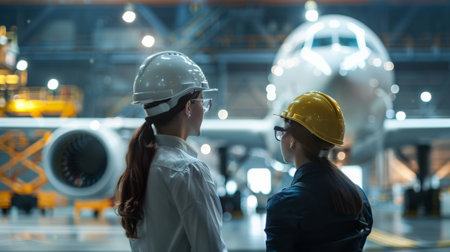 Back view of engineer and worker talking in front of airplane at airportの素材