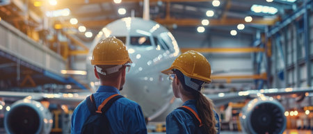 Rear view of male and female engineers looking at airplane in hangarの素材