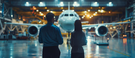 Two engineers discussing the new airplane model in the hangarの素材
