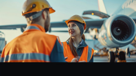 Two airport workers wearing hard hats and safety vests talk near a plane.の素材