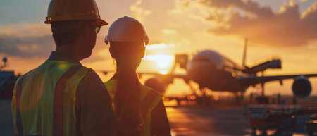 Two airport workers in hard hats watch a plane land at sunset.の素材