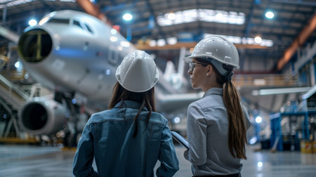Two women in hard hats looking at an airplane in a hangarの素材
