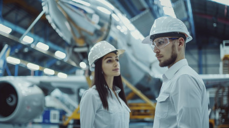 Two aircraft maintenance engineers in protective gear discussing the repair of a passenger airplane.の素材