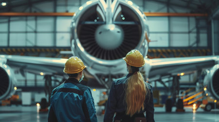 Two aircraft maintenance engineers in hard hats looking at a jet engineの素材