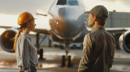 Two maintenance workers inspect an airplane.の素材