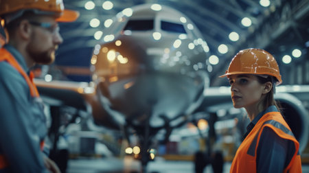 Two aircraft maintenance engineers in hard hats discussing the repair of a passenger plane in a hangarの素材
