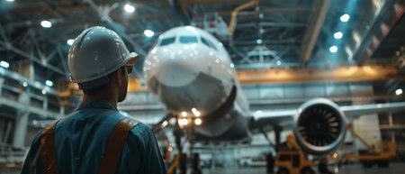 Engineer or Technician man in safety helmet and uniform working with modern civil aircraft at industrial plant or factoryの素材