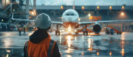 Unrecognizable male engineer in safety helmet standing in front of airplane at airport.の素材