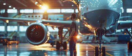 Woman standing in front of airplane in airport terminal. Blurred backgroundの素材