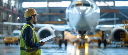 Engineer or foreman working at airport checking airplane before flight. Logistics and transportation concept.の素材