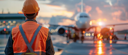 Back view of engineer standing in front of airplane with blurred background.の素材