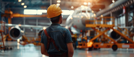 Rear view of engineer in helmet standing in front of airplane in hangarの素材