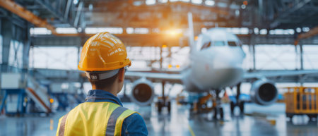 Engineer or Technician working with airplane in airport terminal or hangar for transportation and logistic concept.の素材