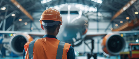 Rear view of male engineer standing in front of airplane in hangarの素材
