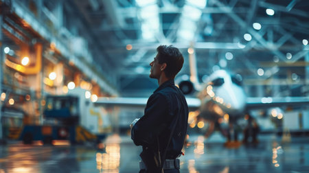Rear view of a young man looking at the airplane in the airportの素材